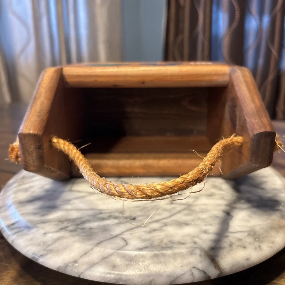 Vtg Hand Painted Folk Art Hand Crafted Wooden Caddy Rope Handle Cottage Core